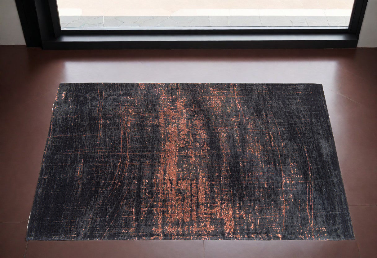 3' X 5' Black and Gold Abstract Non Skid Area Rug