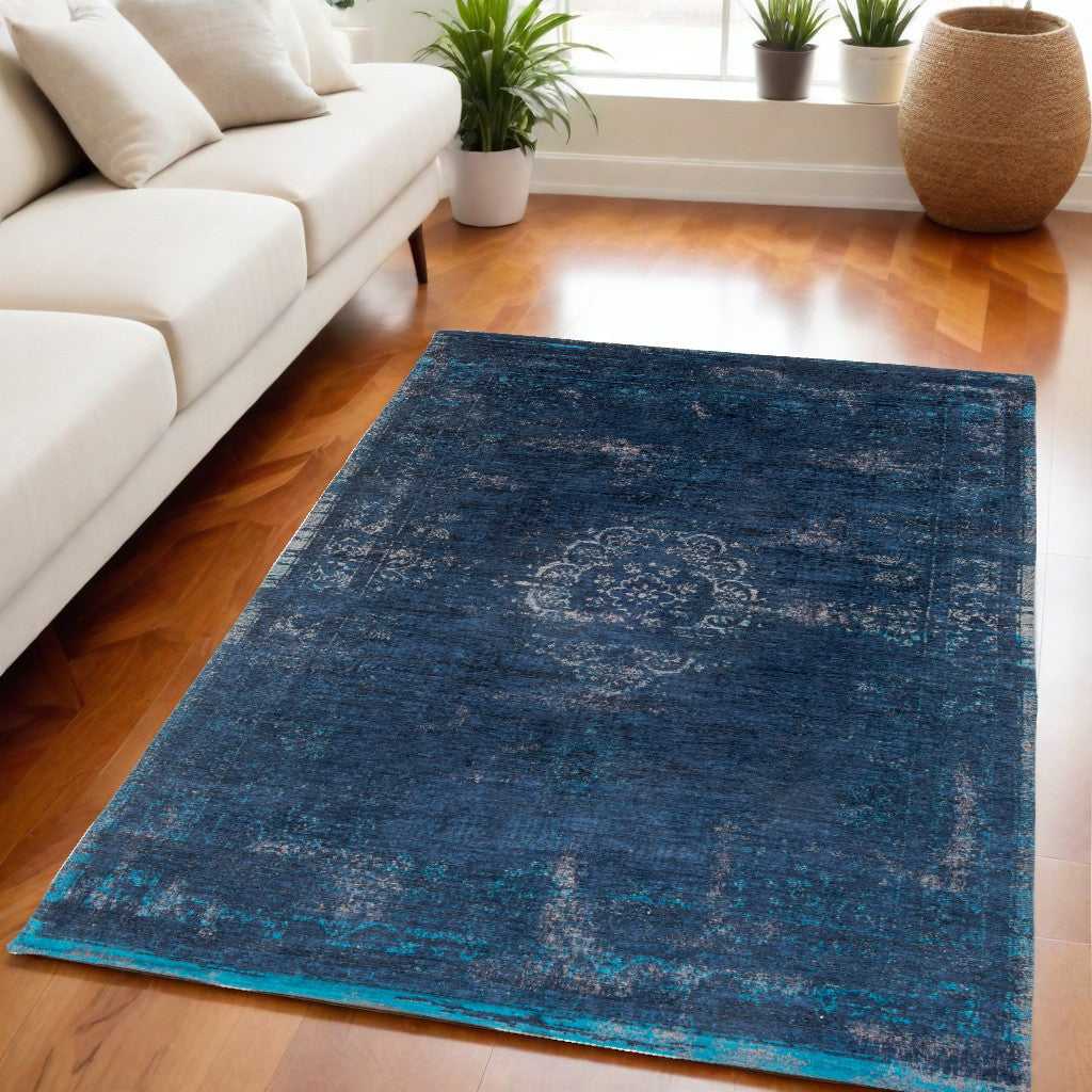 5' x 7' Blue and Gray Medallion Non Skid Area Rug