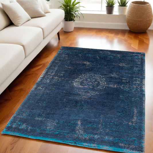 5' x 7' Blue and Gray Medallion Non Skid Area Rug