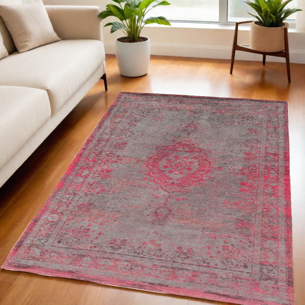 5' x 7' Gray and Pink Medallion Non Skid Area Rug