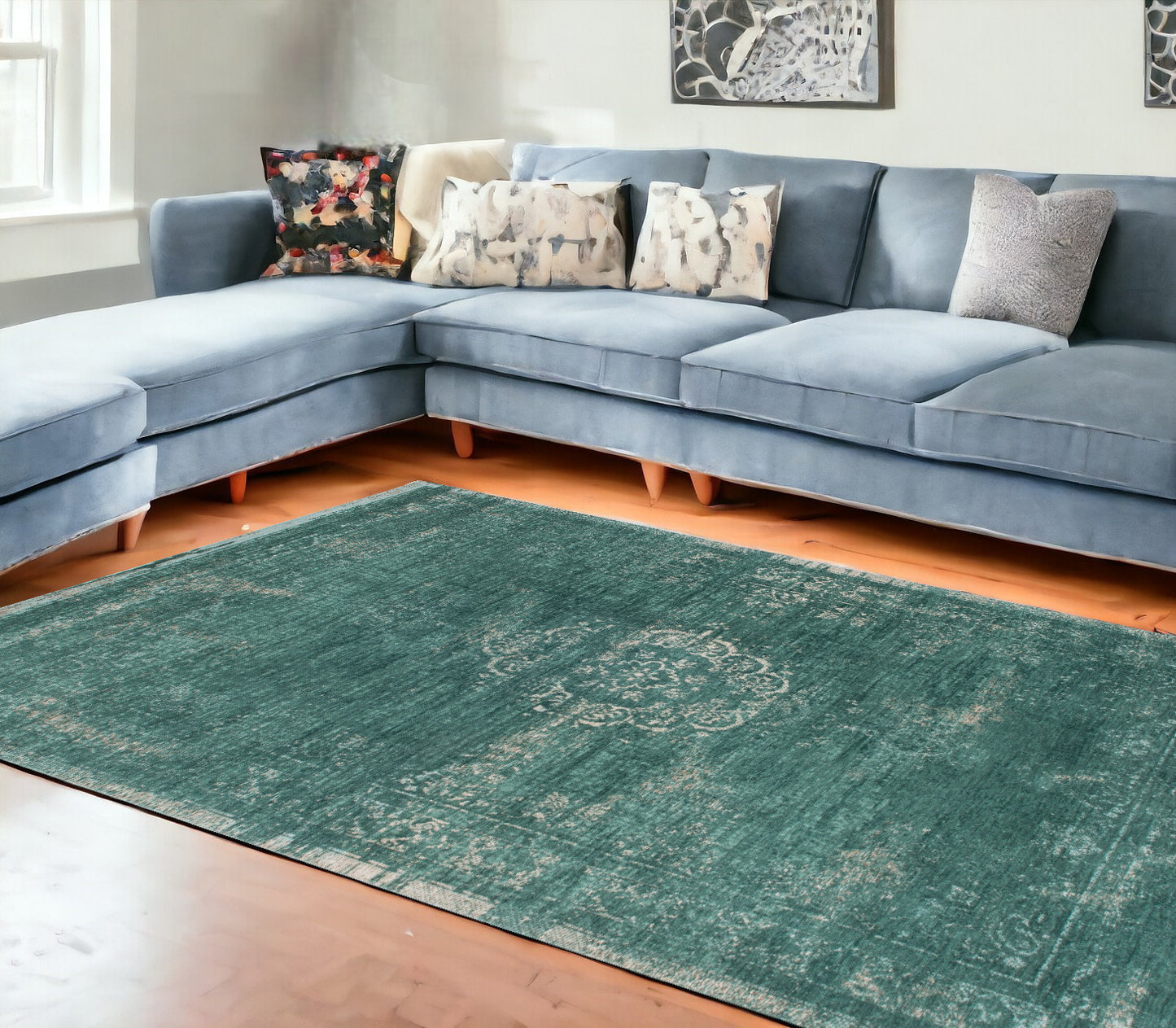 8' x 11' Gray and Green Medallion Non Skid Area Rug