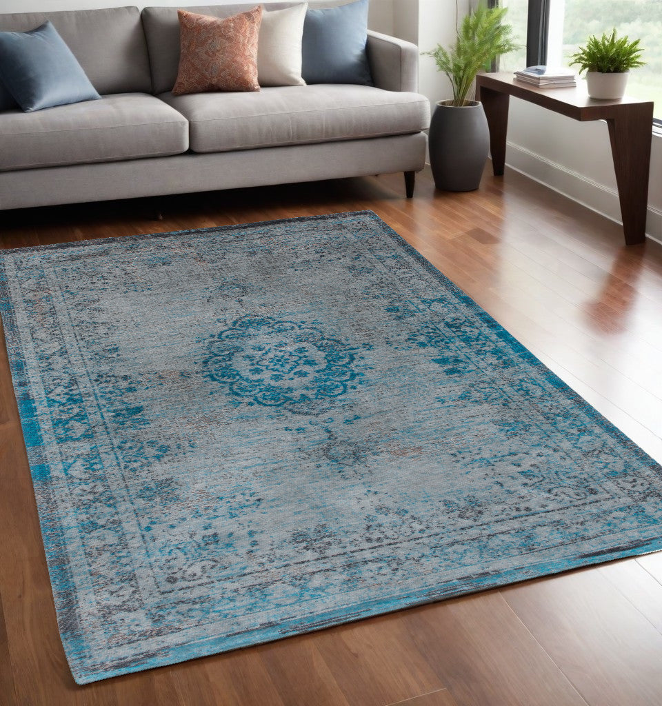 5' x 7' Gray and Green Medallion Non Skid Area Rug