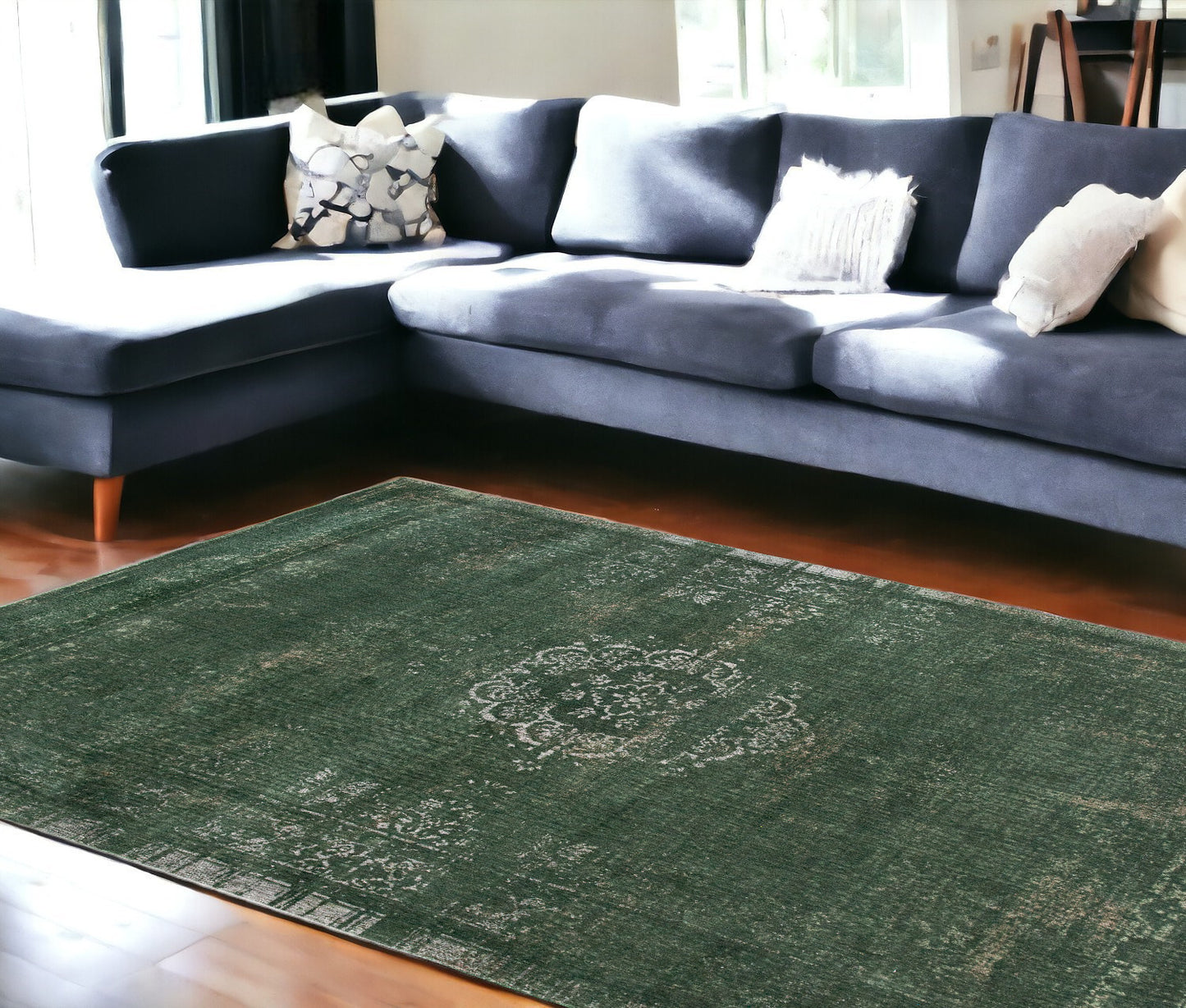 8' x 11' Gray and Green Medallion Non Skid Area Rug