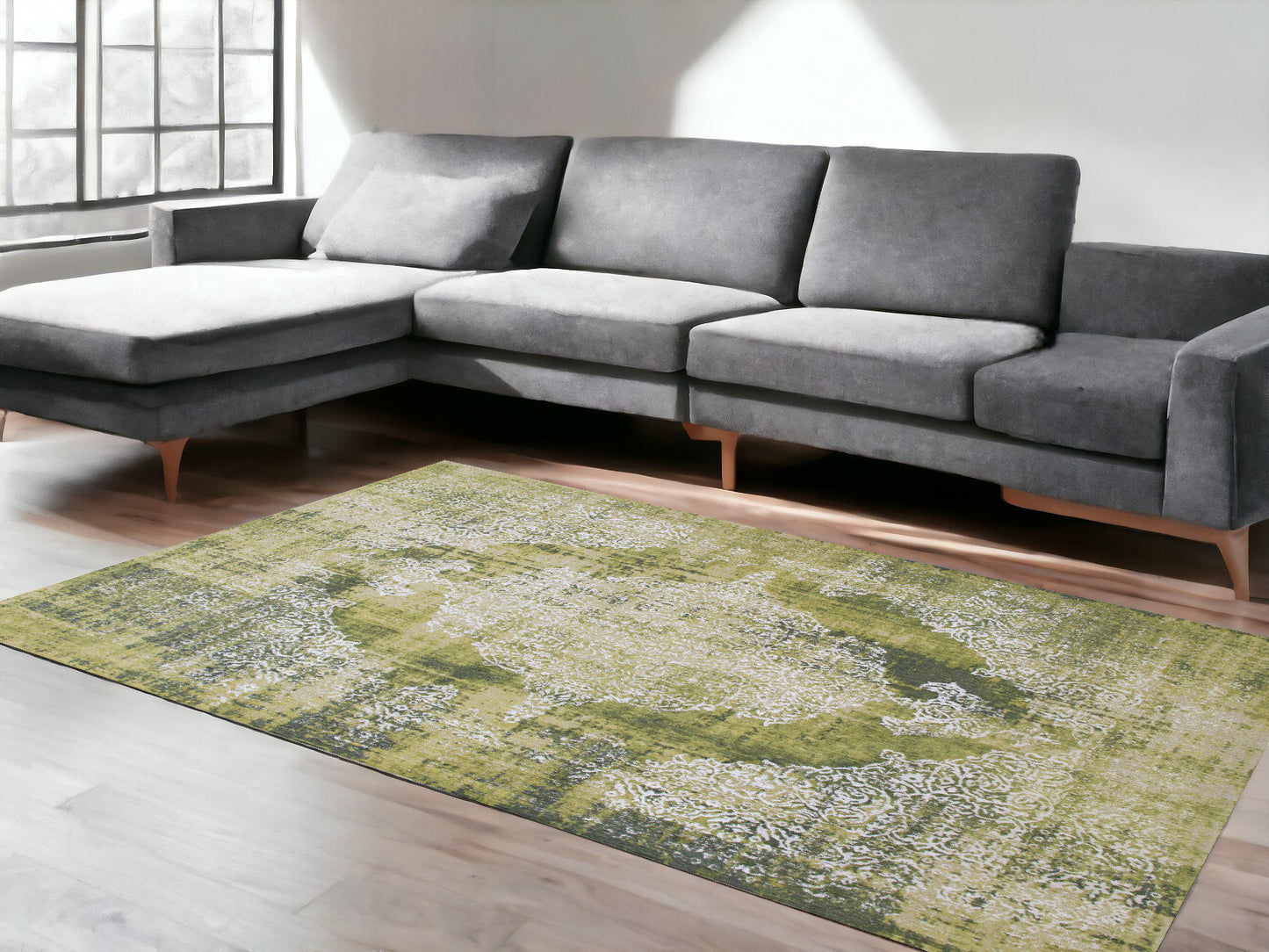 6' X 8' Green and White Oriental Non Skid Area Rug
