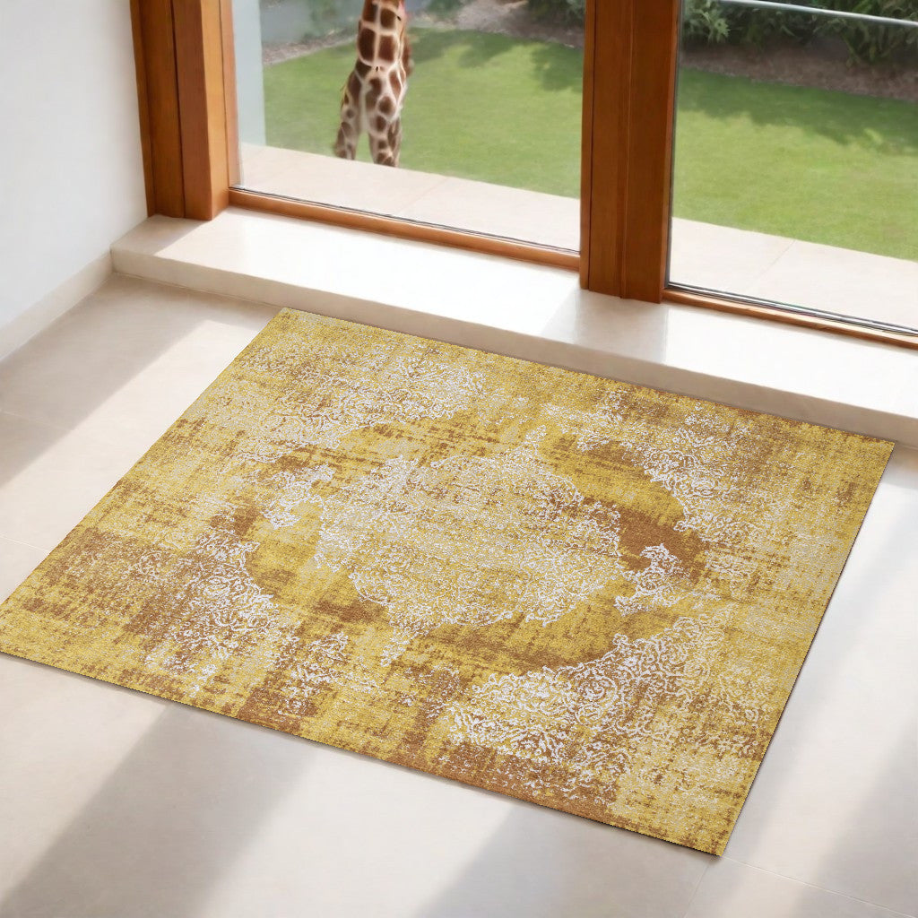 3' X 5' Yellow and Brown Oriental Non Skid Area Rug