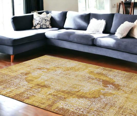 9' X 13' Yellow and Brown Oriental Non Skid Area Rug