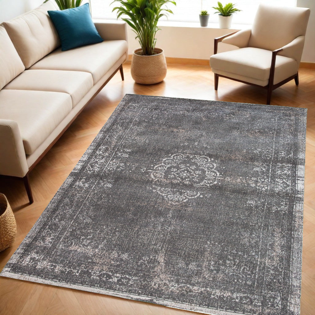5' x 7' Gray Medallion Non Skid Area Rug