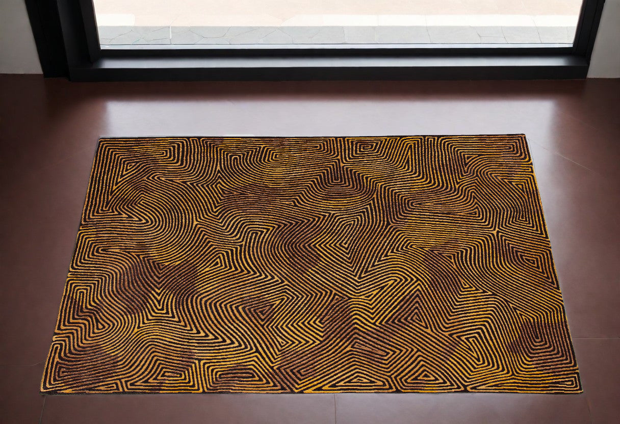 3' X 5' Black and Gold Abstract Non Skid Area Rug