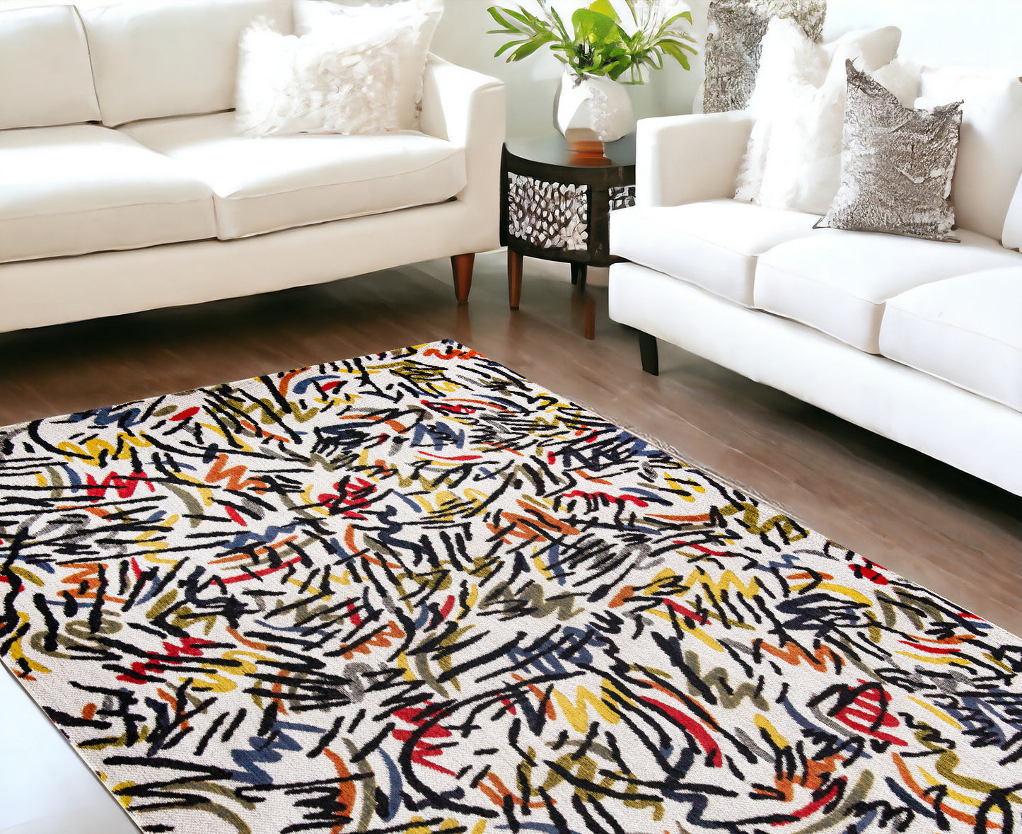 8' x 11' White Abstract Non Skid Area Rug