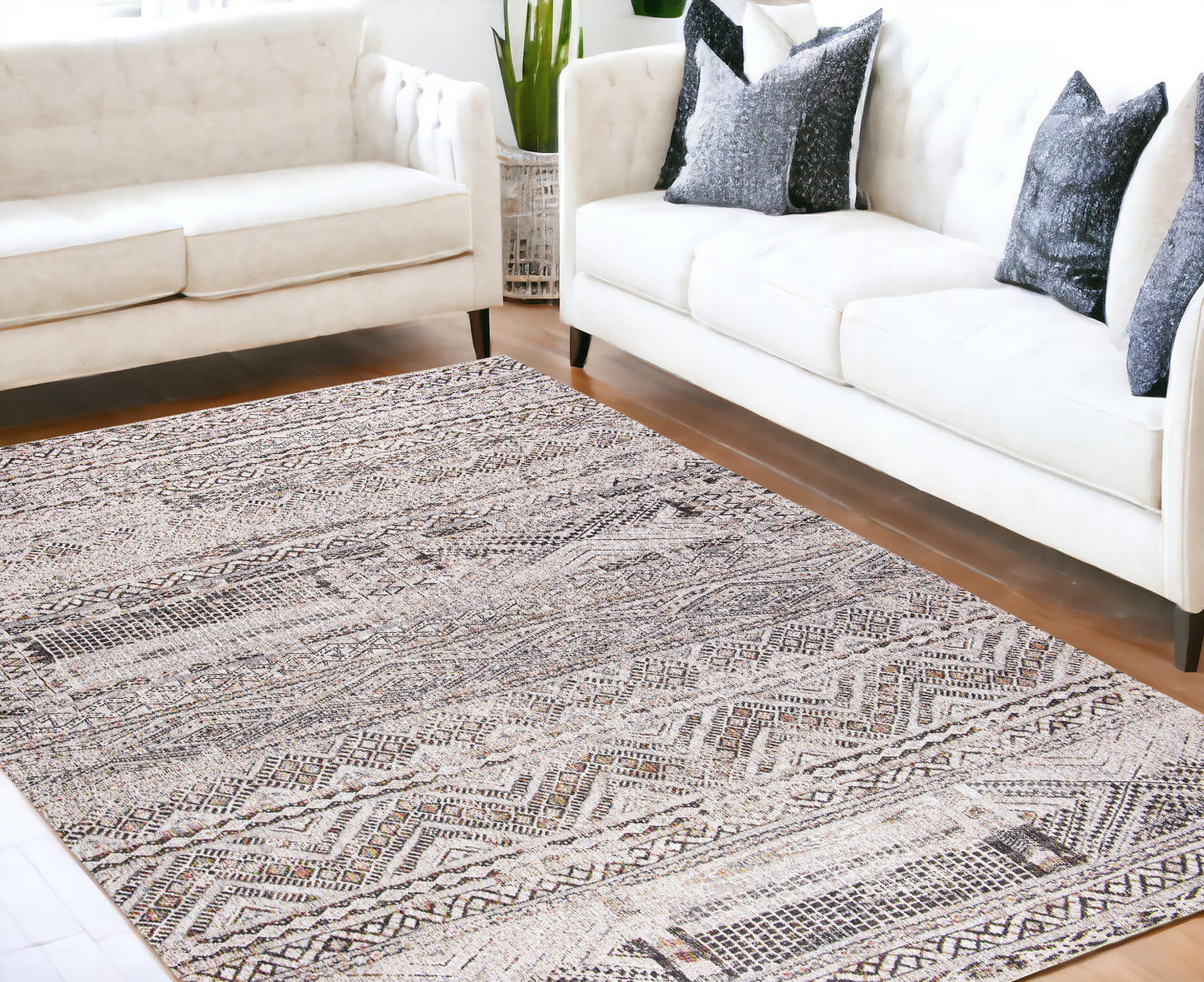 5' x 7' Gray and White Oriental Non Skid Area Rug