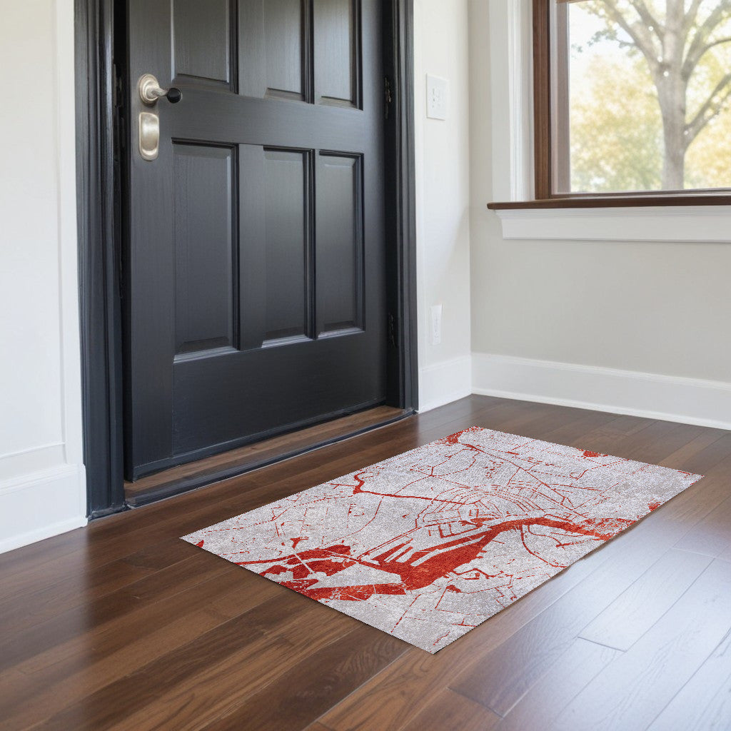 3' X 5' Red and White Abstract Non Skid Area Rug