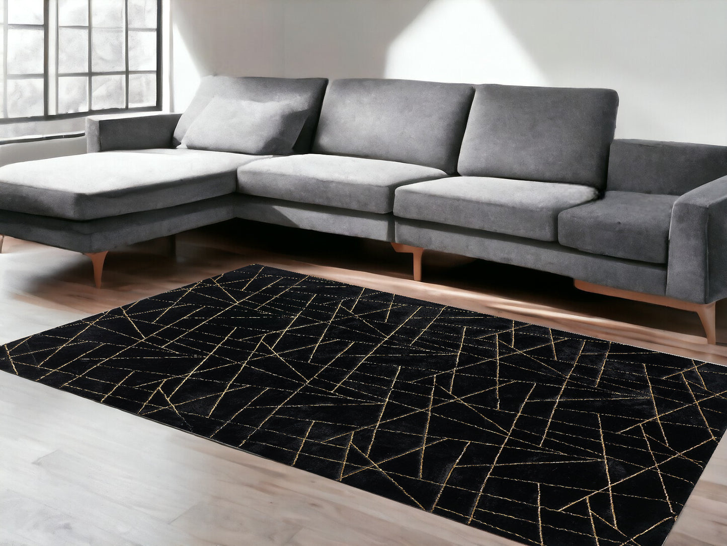 6' x 9' Black and Gold Faux Fur Abstract Shag Non Skid Area Rug