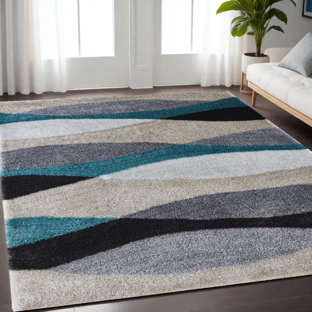 5' x 7' Gray Black and Blue Shag Hand Tufted Area Rug