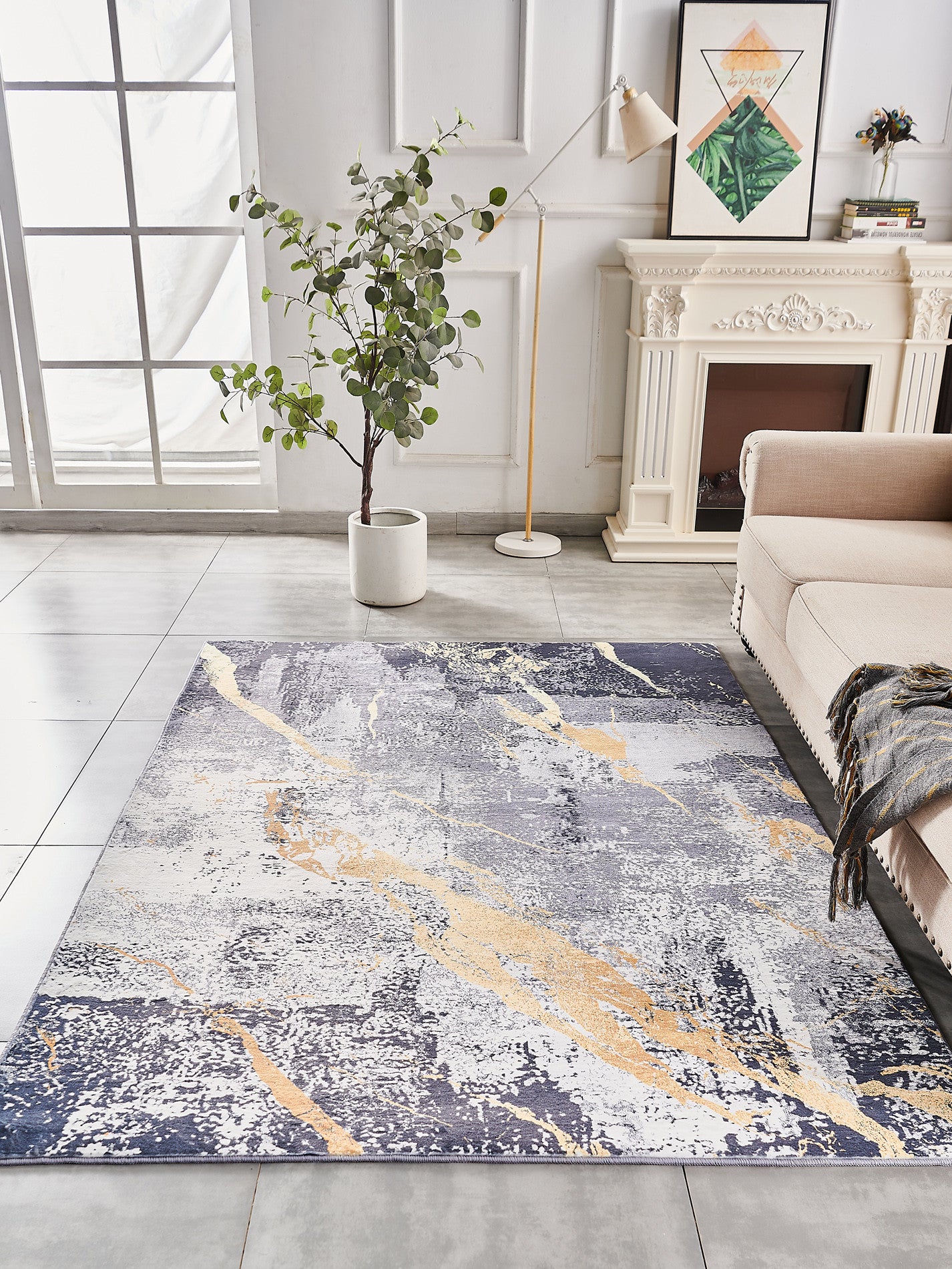 4' x 6' Blue and Yellow Abstract Shag Printed Washable Non Skid Area Rug