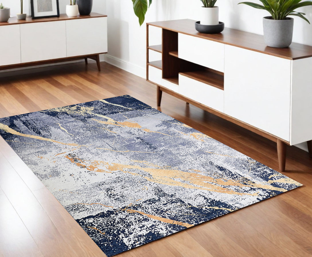 4' x 6' Blue and Yellow Abstract Shag Printed Washable Non Skid Area Rug