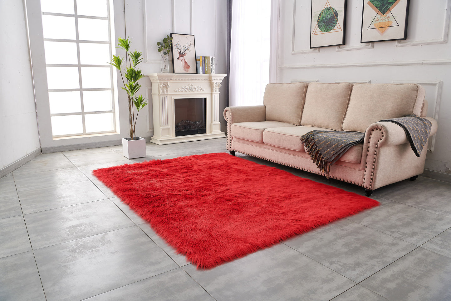 5' x 7' Red Faux Fur Shag Sheepskin Washable Area Rug