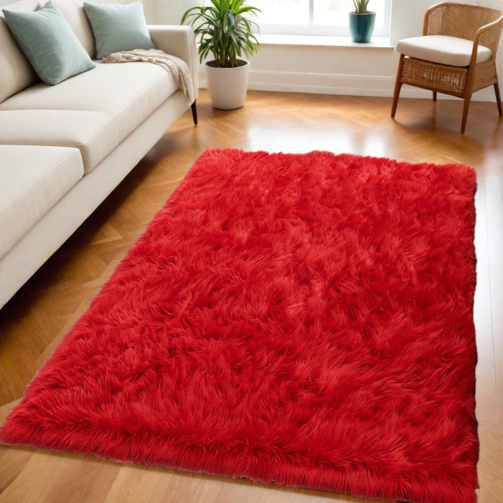 5' x 7' Red Faux Fur Shag Sheepskin Washable Area Rug
