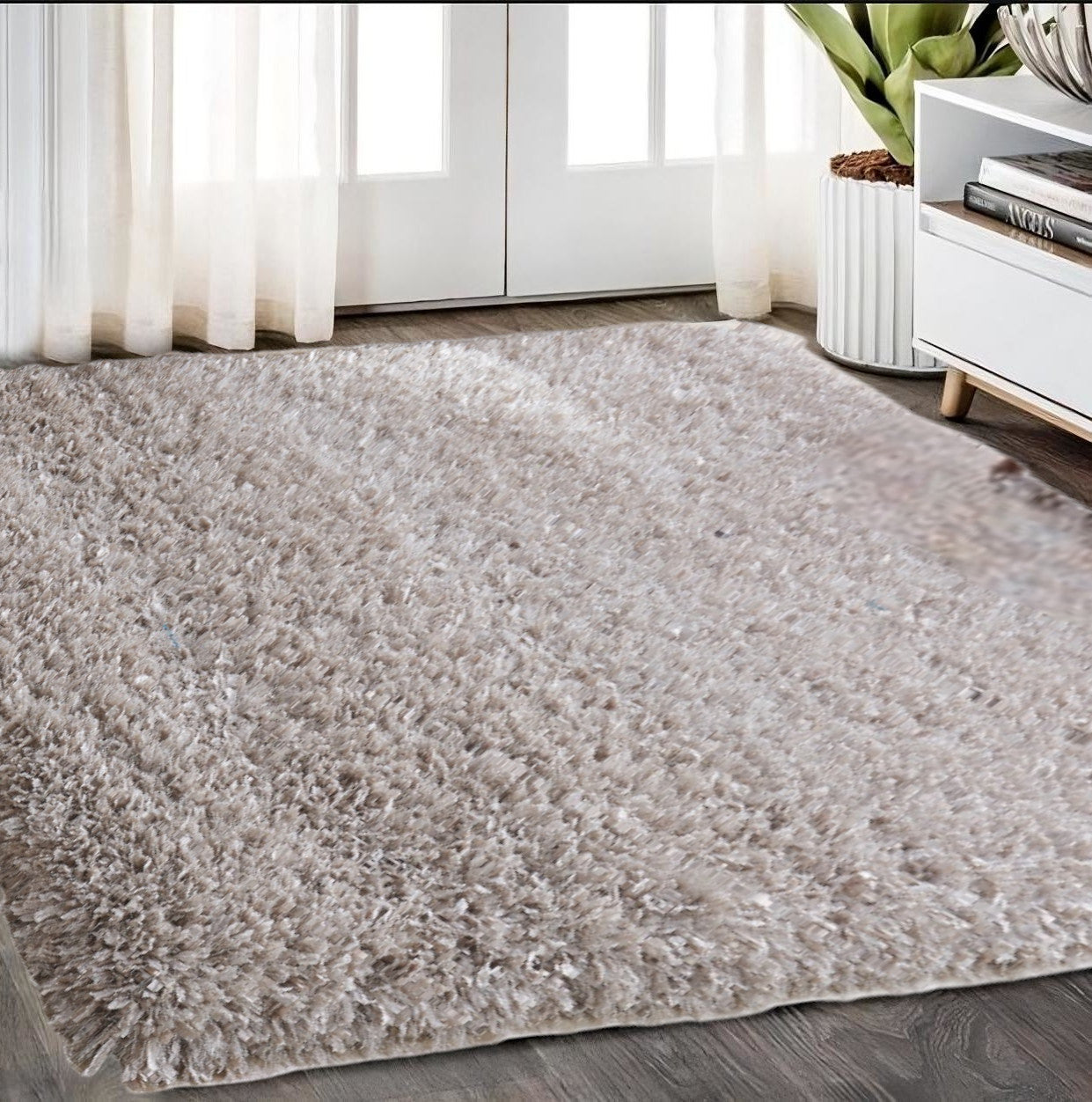 8' x 11' Beige Shag Hand Tufted Area Rug