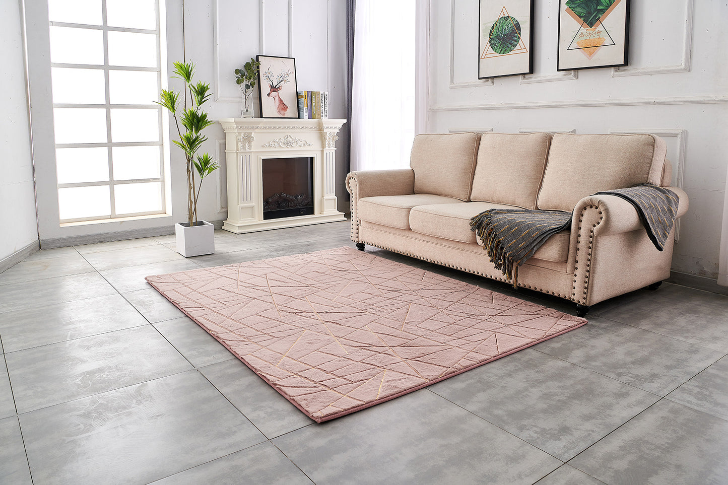 6' x 9' Pink and Gold Faux Fur Abstract Shag Non Skid Area Rug
