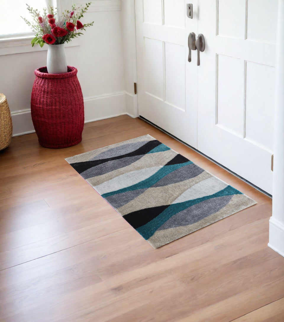 2' x 3' Gray Black and Blue Shag Hand Tufted Area Rug