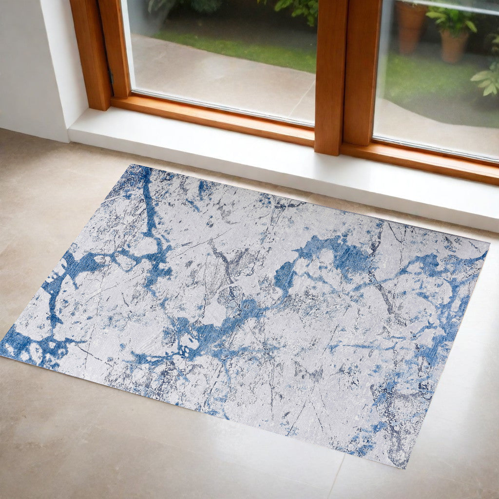 2' x 3' Blue and Silver Abstract Shag Printed Washable Non Skid Area Rug