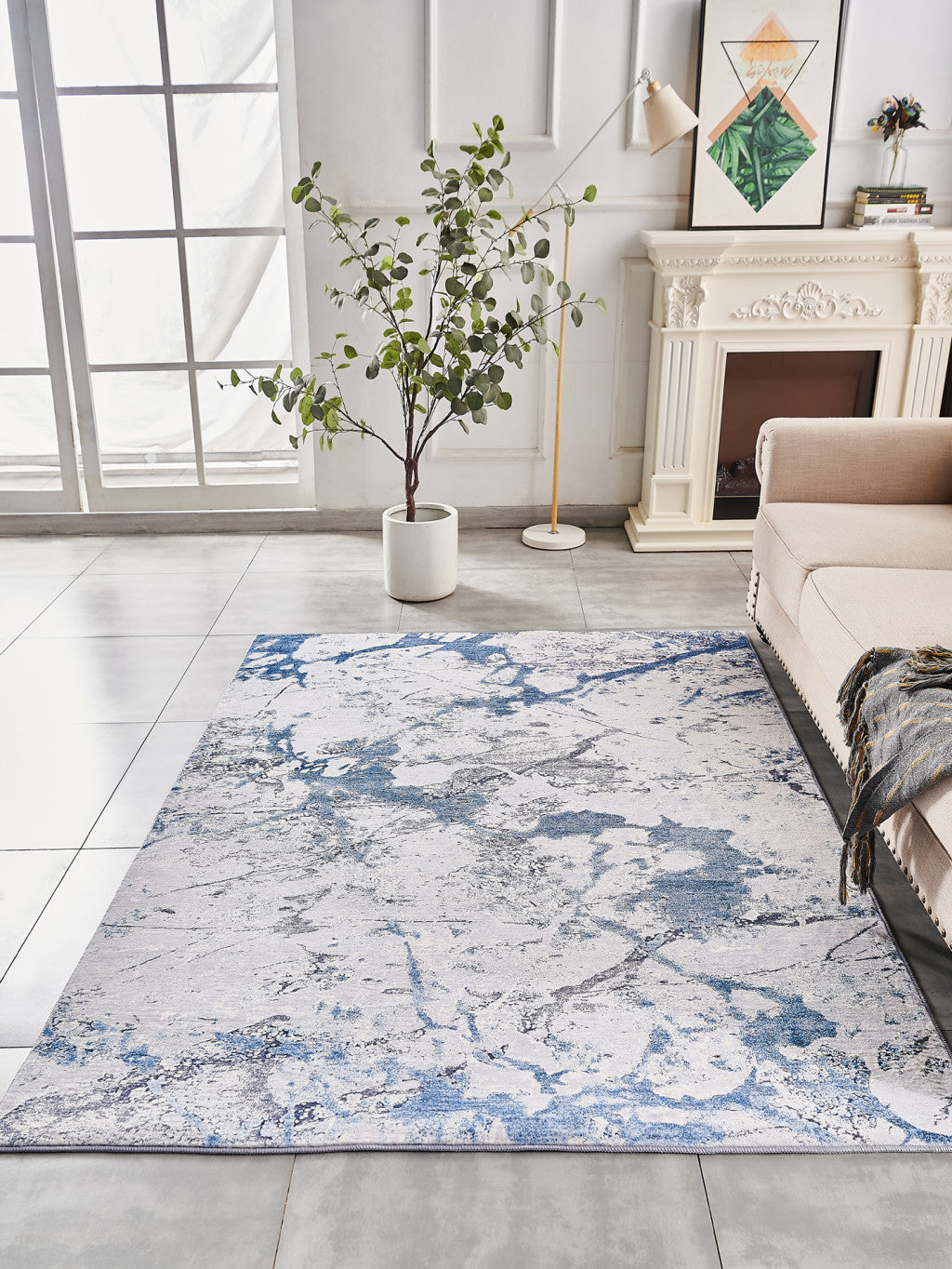 2' x 3' Blue and Silver Abstract Shag Printed Washable Non Skid Area Rug