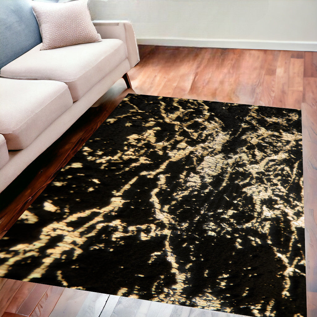 6' x 9' Black and Gold Faux Fur Abstract Shag Non Skid Area Rug