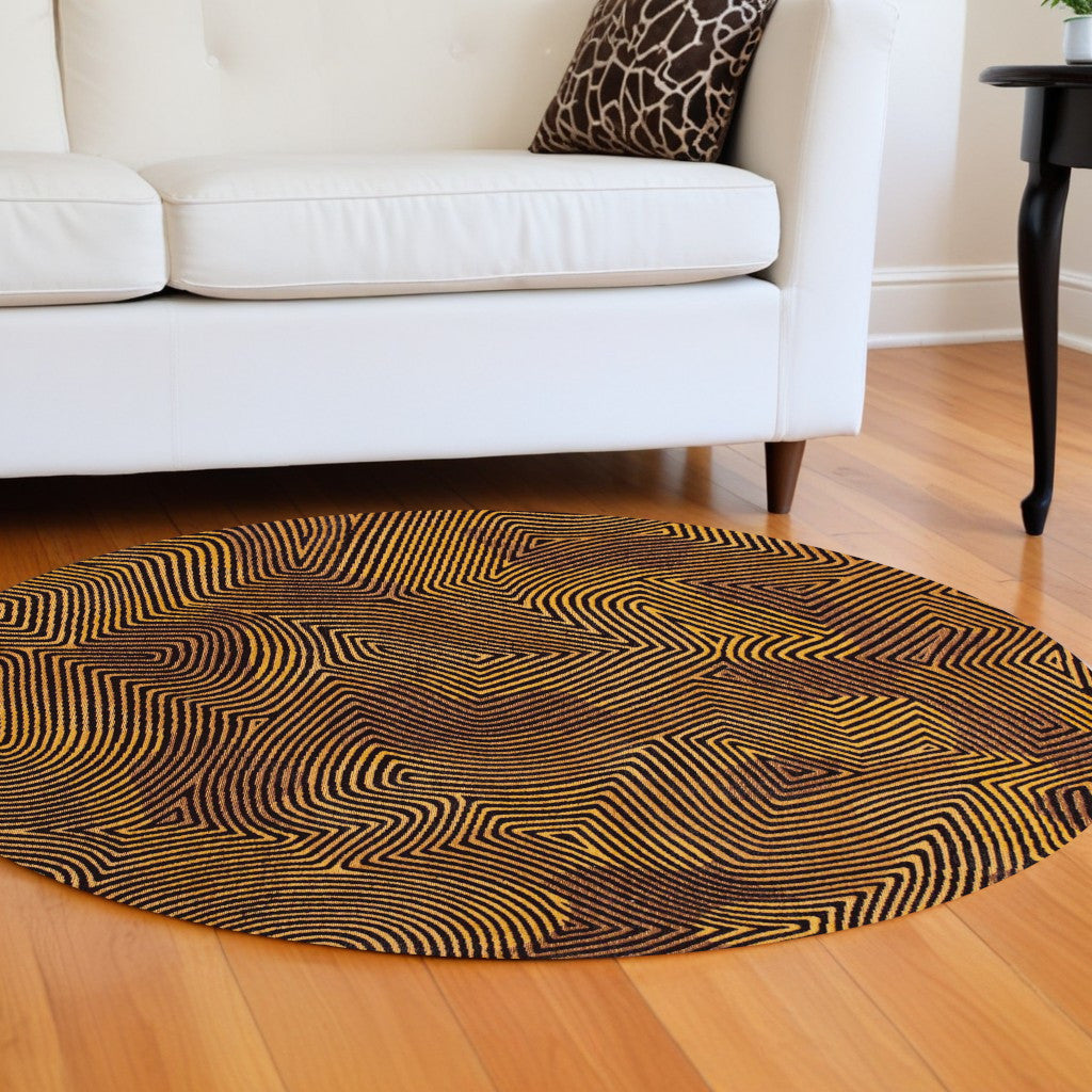 8' Black and Gold Round Abstract Non Skid Area Rug
