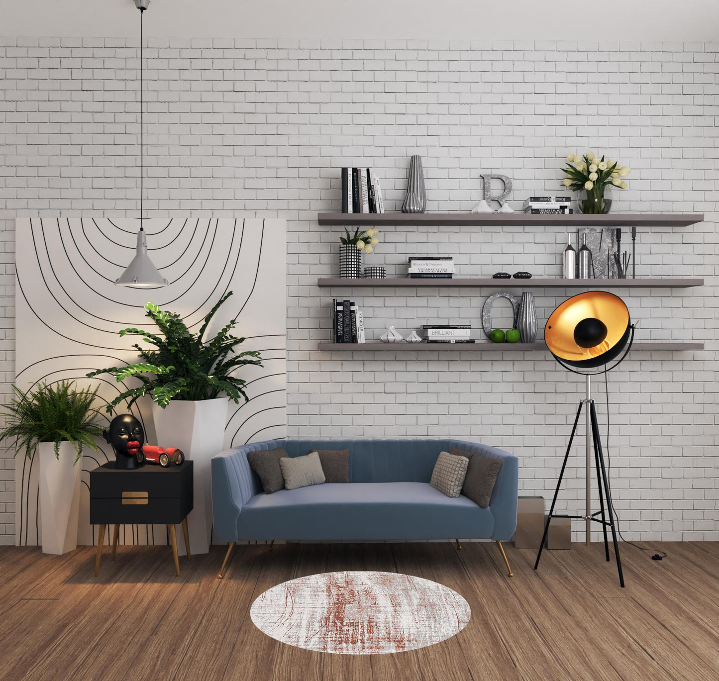5' Gray and Yellow Round Abstract Non Skid Area Rug