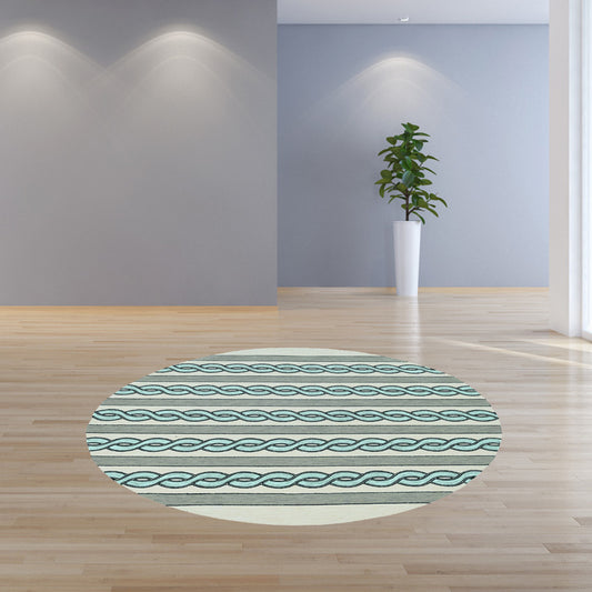 7' Ivory Spa Hand Hooked Uv Treated Cable Stitch Round Indoor Outdoor Area Rug
