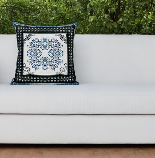 5" Indigo Damask Indoor Outdoor Throw Pillow Cover and Insert
