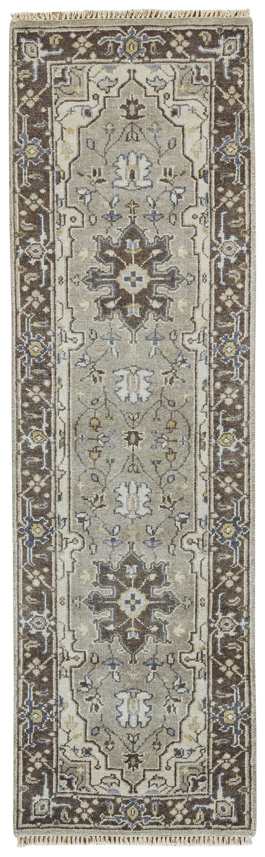 8' Beige Blue and Gray Medallion Hand Knotted Runner Rug With Fringe