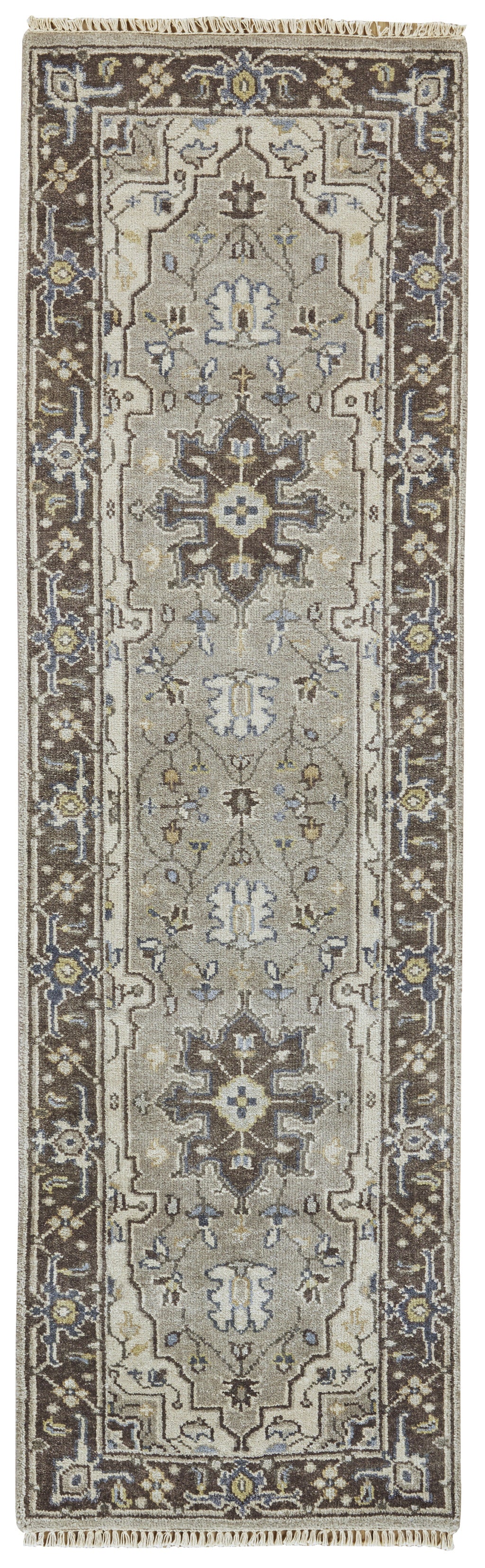 8' Beige Blue and Gray Medallion Hand Knotted Runner Rug With Fringe