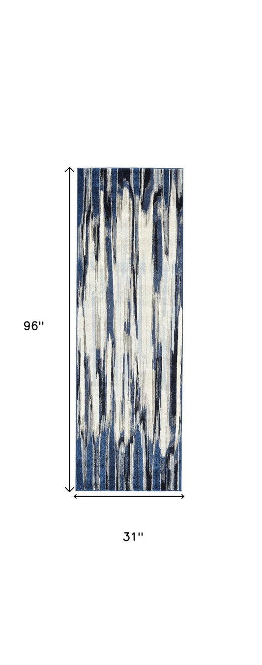 8' Ivory Blue and Gray Abstract Power Loom Distressed Runner Rug