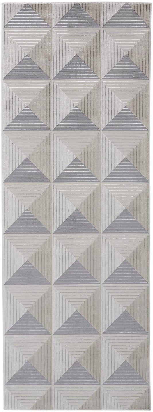 8' Gray and Ivory Geometric Power Loom Runner Rug