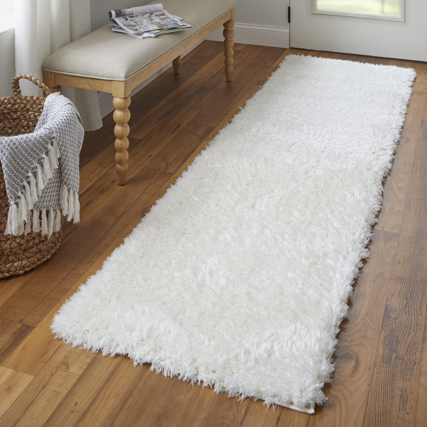 8' White Shag Power Loom Runner Rug