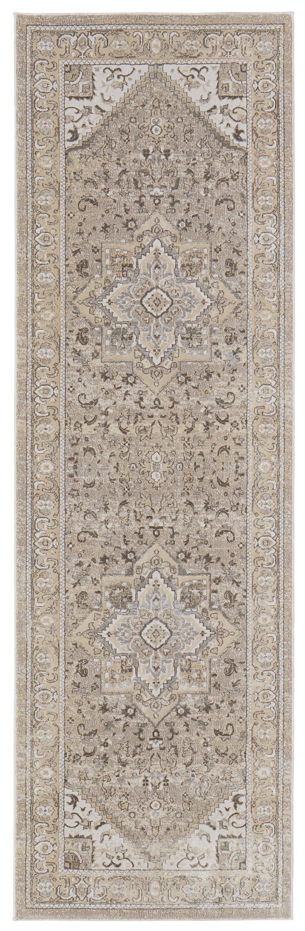 8' Brown and Ivory Medallion Power Loom Distressed Runner Rug