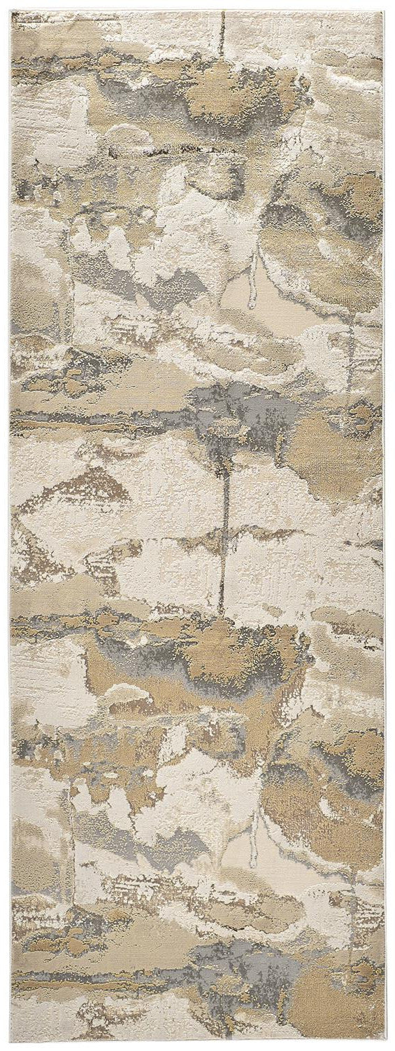8' Gold and Ivory Abstract Power Loom Runner Rug