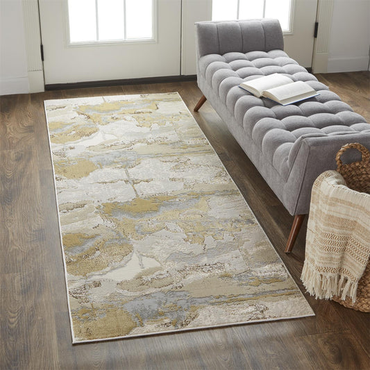 8' Gold and Ivory Abstract Power Loom Runner Rug