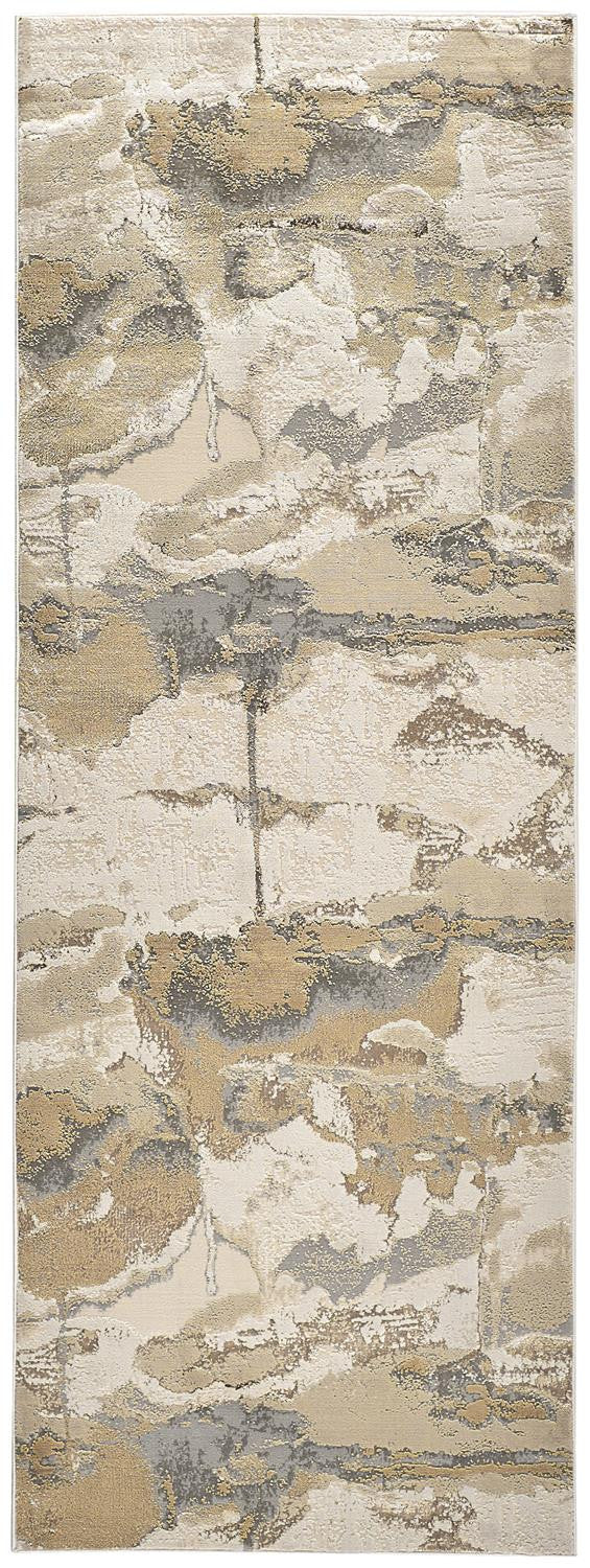 8' Gold and Ivory Abstract Power Loom Runner Rug