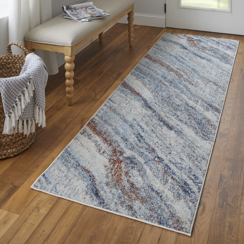8' Ivory Blue and Orange Abstract Power Loom Runner Rug