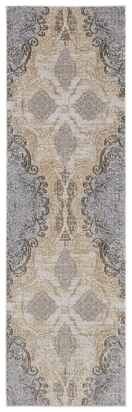 8' Gray and Brown Medallion Power Loom Distressed Runner Rug