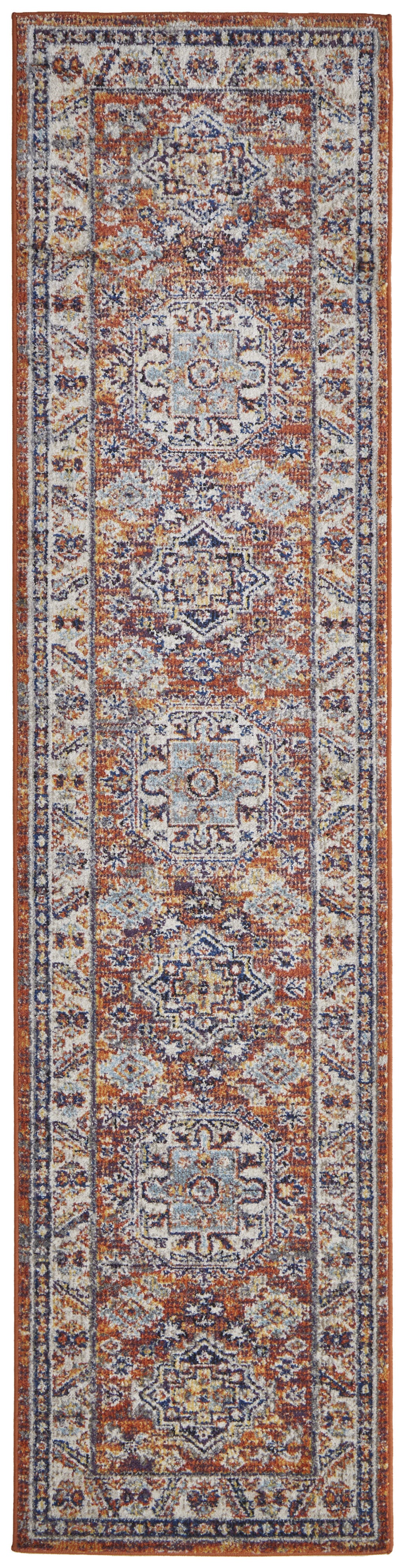 8' Ivory Blue and Orange Medallion Runner Rug