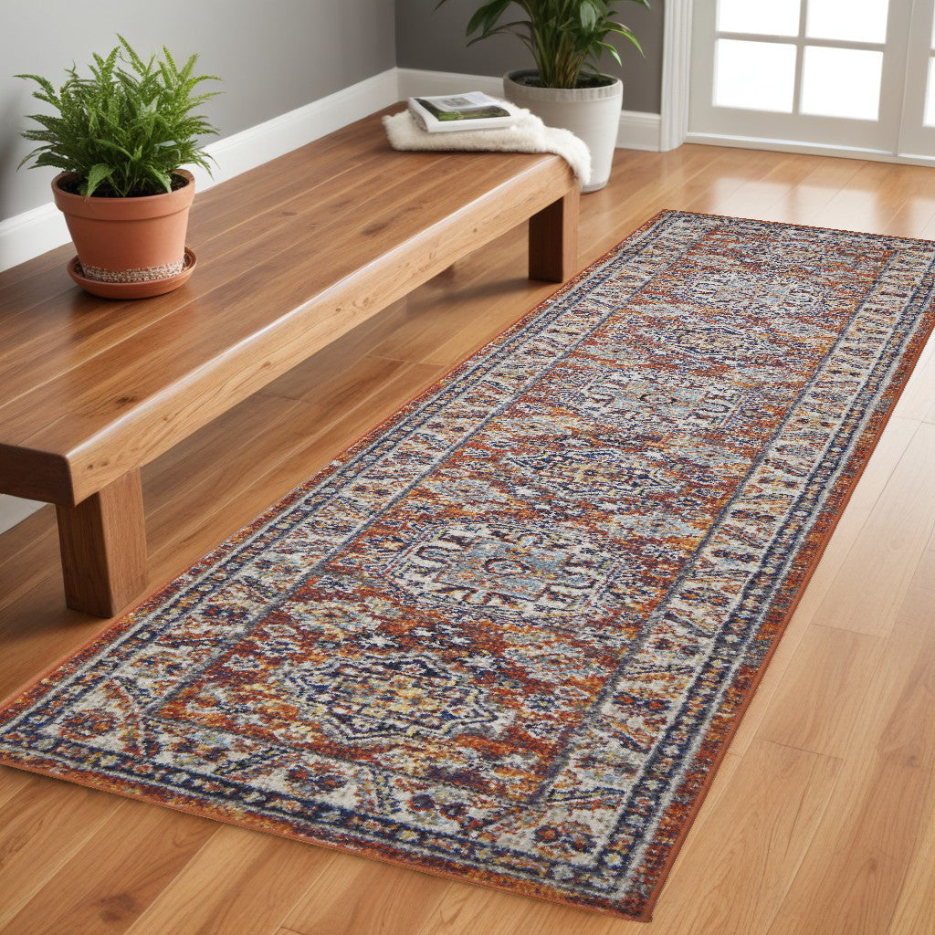 8' Ivory Blue and Orange Medallion Runner Rug