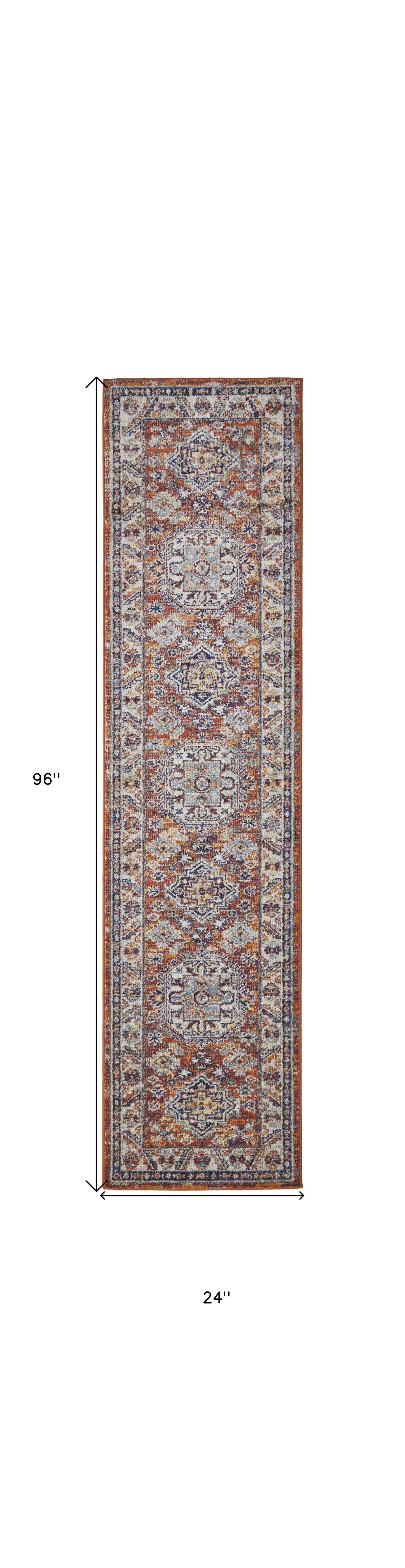8' Ivory Blue and Orange Medallion Runner Rug