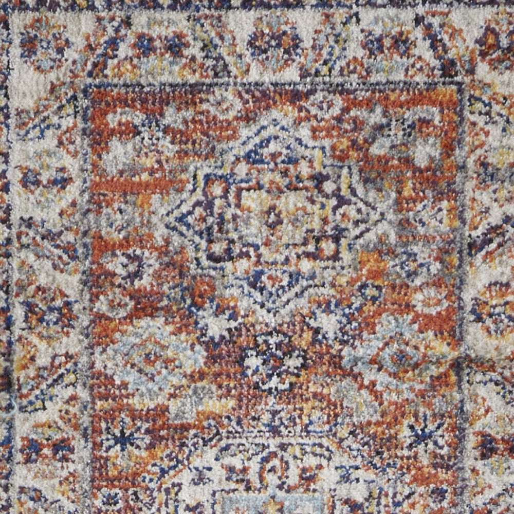 8' Ivory Blue and Orange Medallion Runner Rug