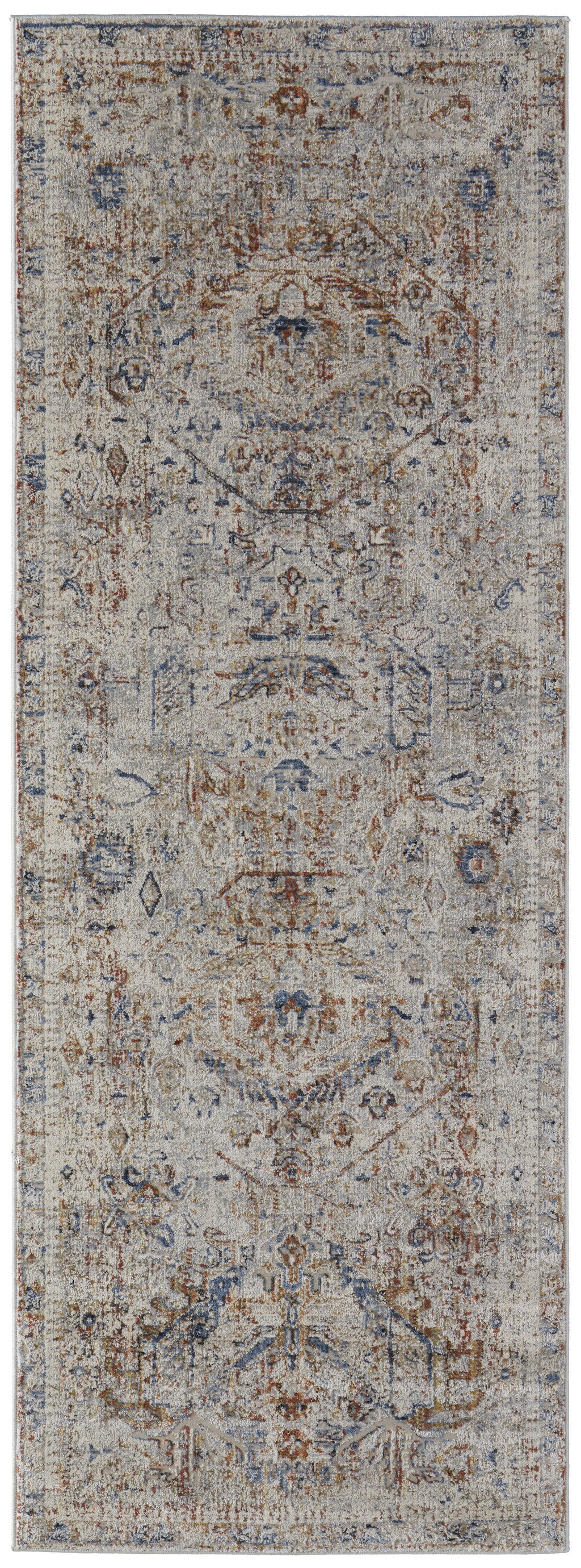 12' Ivory Blue and Orange Medallion Power Loom Distressed Runner Rug With Fringe
