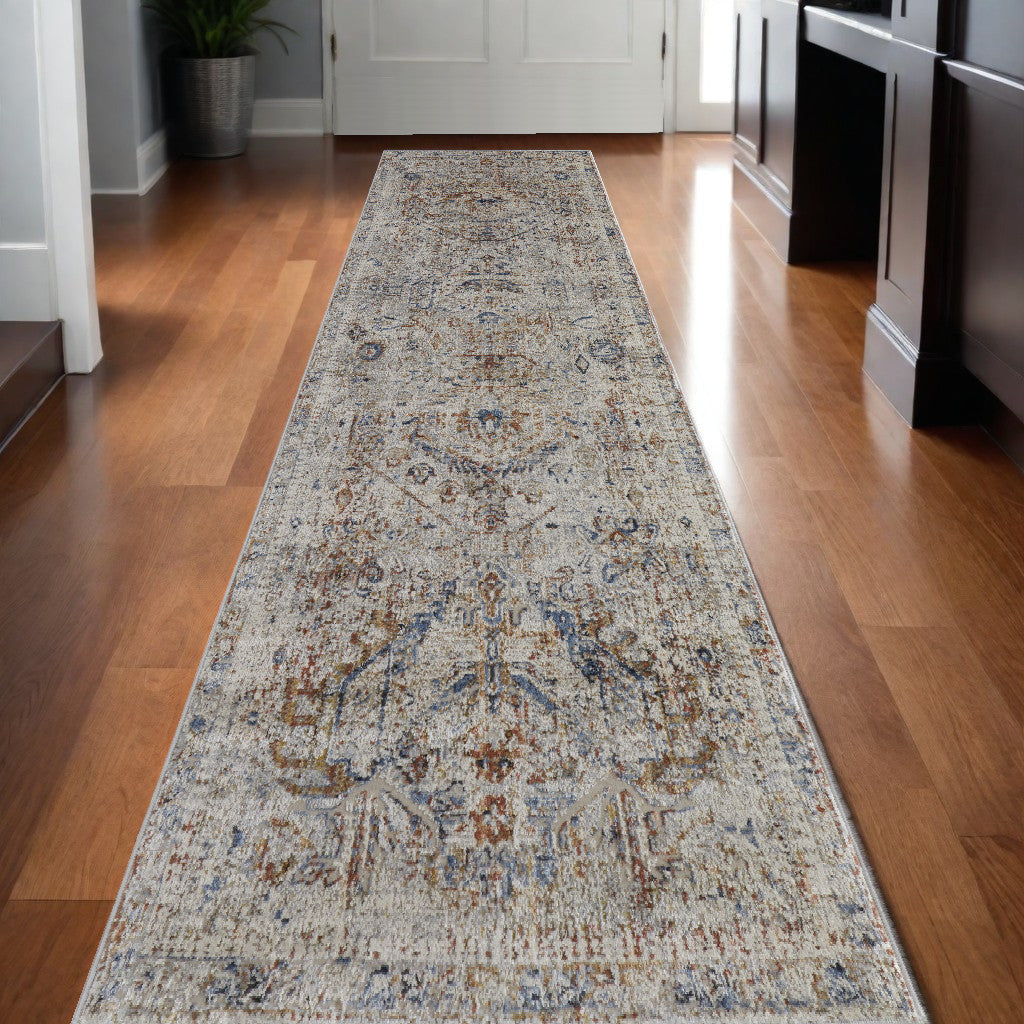 12' Ivory Blue and Orange Medallion Power Loom Distressed Runner Rug With Fringe