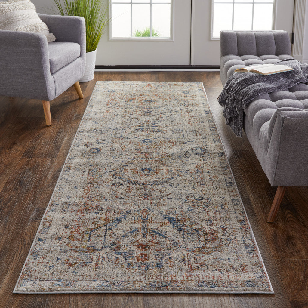 12' Ivory Blue and Orange Medallion Power Loom Distressed Runner Rug With Fringe