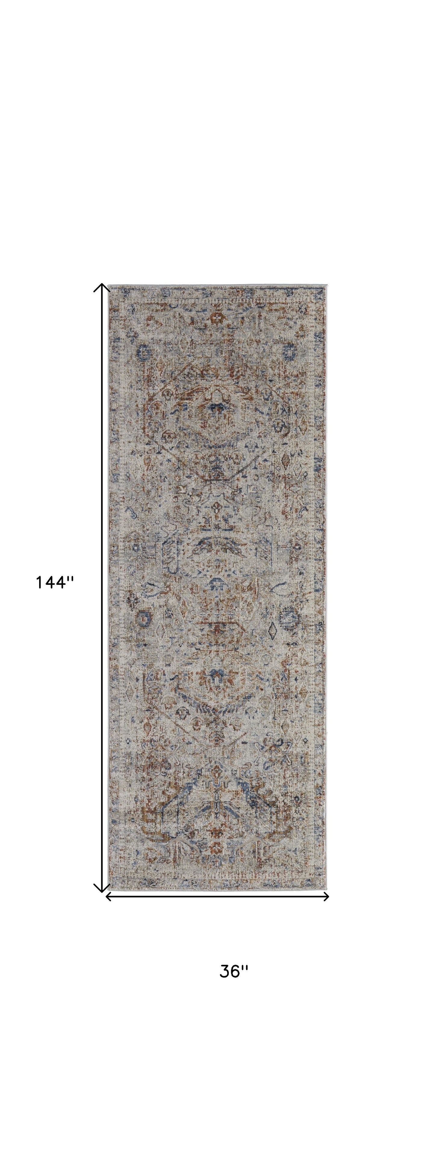 12' Ivory Blue and Orange Medallion Power Loom Distressed Runner Rug With Fringe